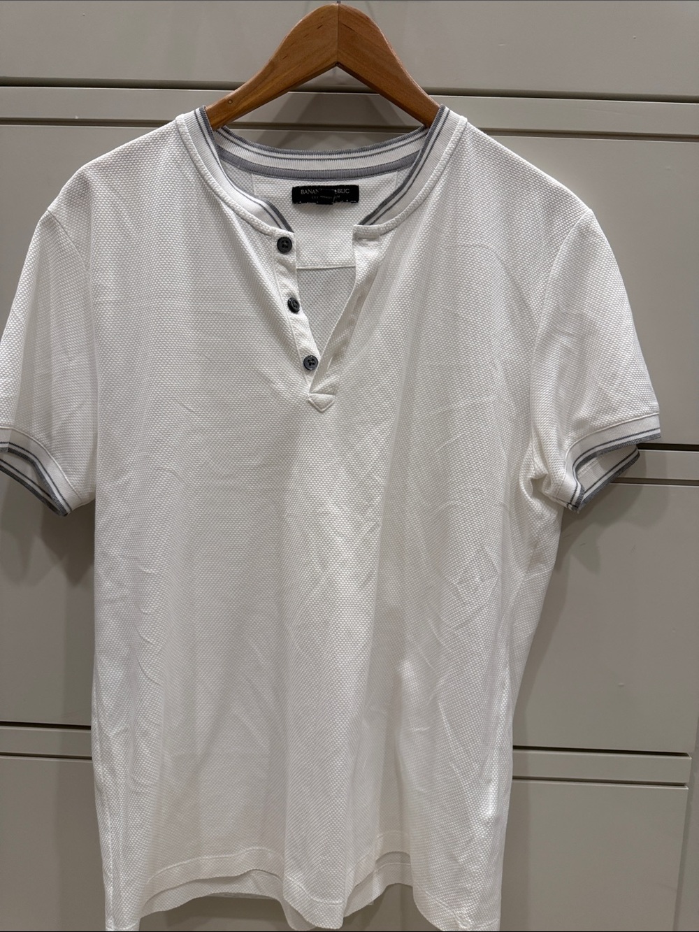 Banana Republic White Short-Sleeve Henley with Gray Trim